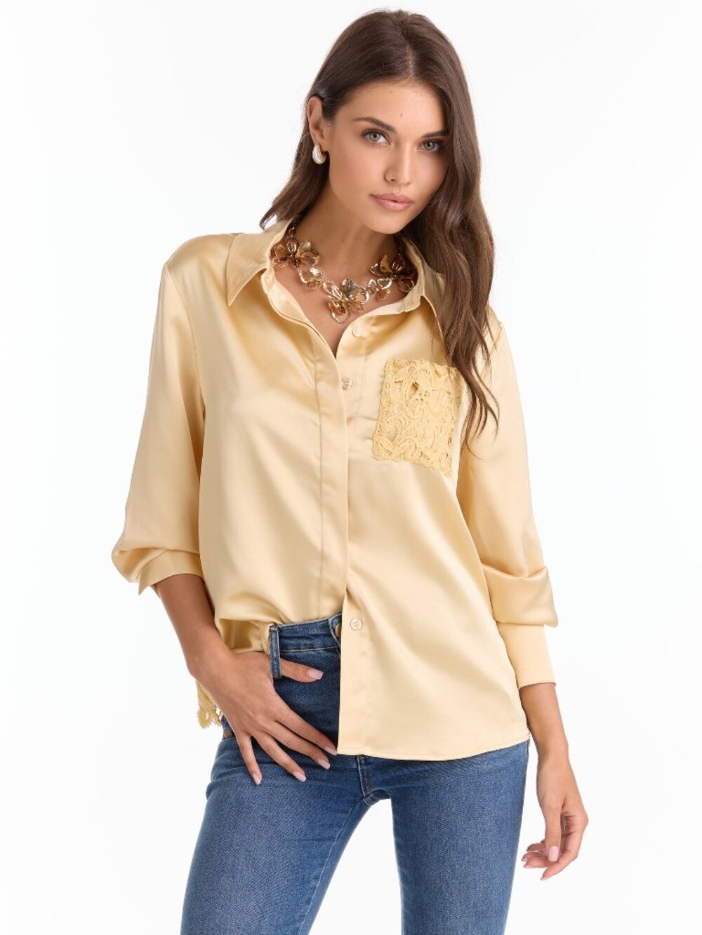 THE NOLI SHOP Amelia Silky Lace Blouse Butter Yellow, New with tag